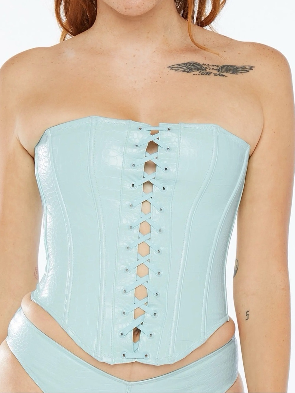 Savage x Fenty Light Blue Faux Leather Corset and Panty Matching Set